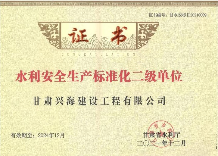 祝賀公司獲得甘肅省水利安全生產(chǎn)標(biāo)準(zhǔn)化二級(jí)標(biāo)準(zhǔn)